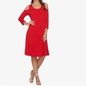 Susan Graver Red Cold Shoulder liquid knit A-line dress